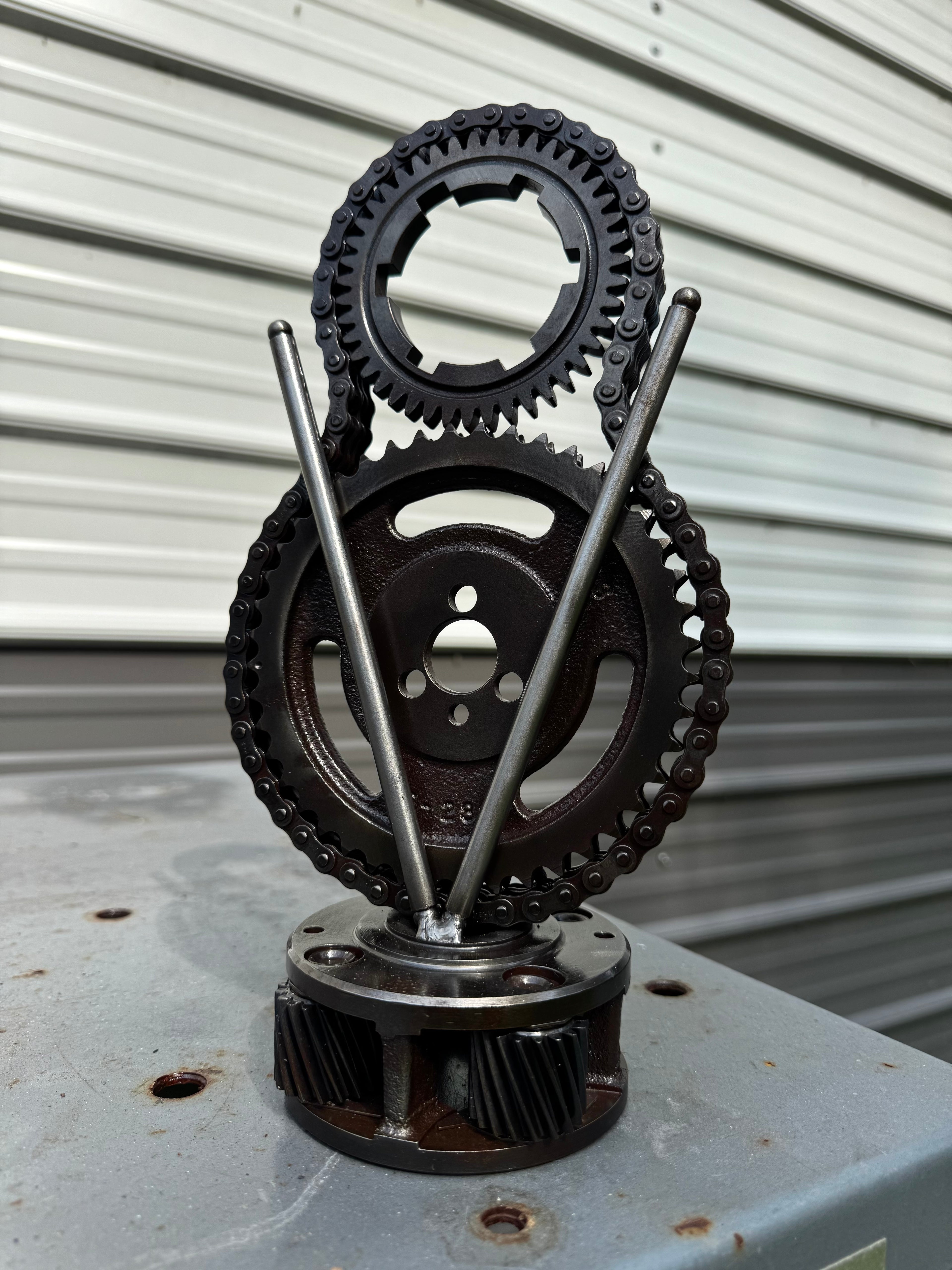 Handcrafted V8 Engine Parts Art – Timing Set & Pushrod Metal Decor