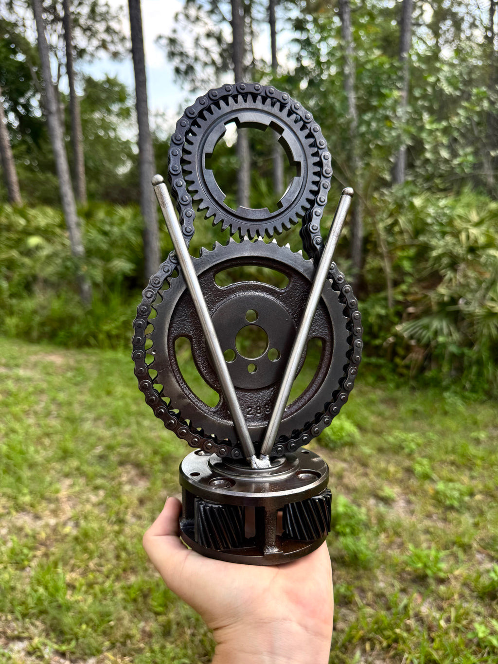 Handcrafted V8 Engine Parts Art – Timing Set & Pushrod Metal Decor