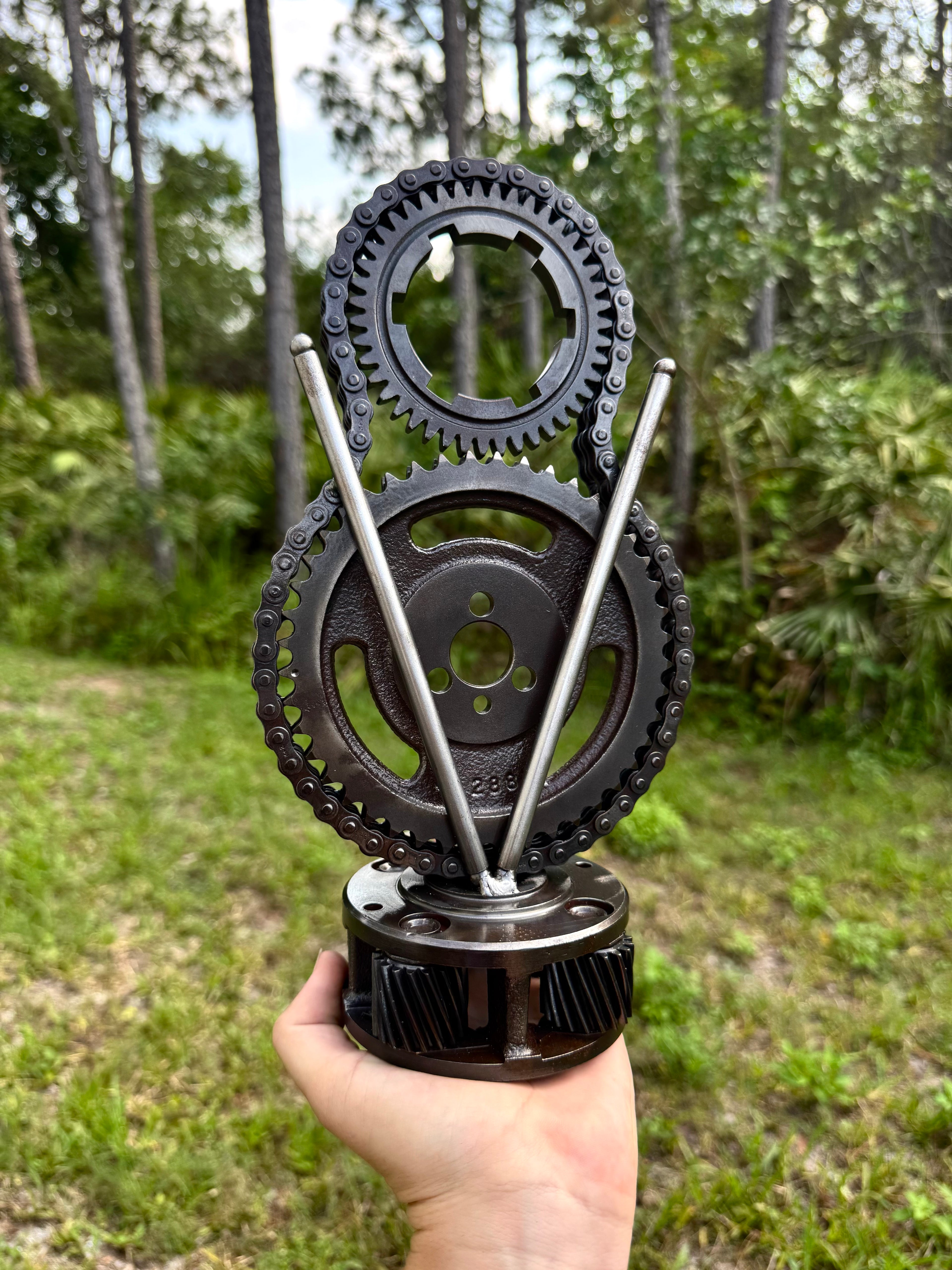 Handcrafted V8 Engine Parts Art – Timing Set & Pushrod Metal Decor